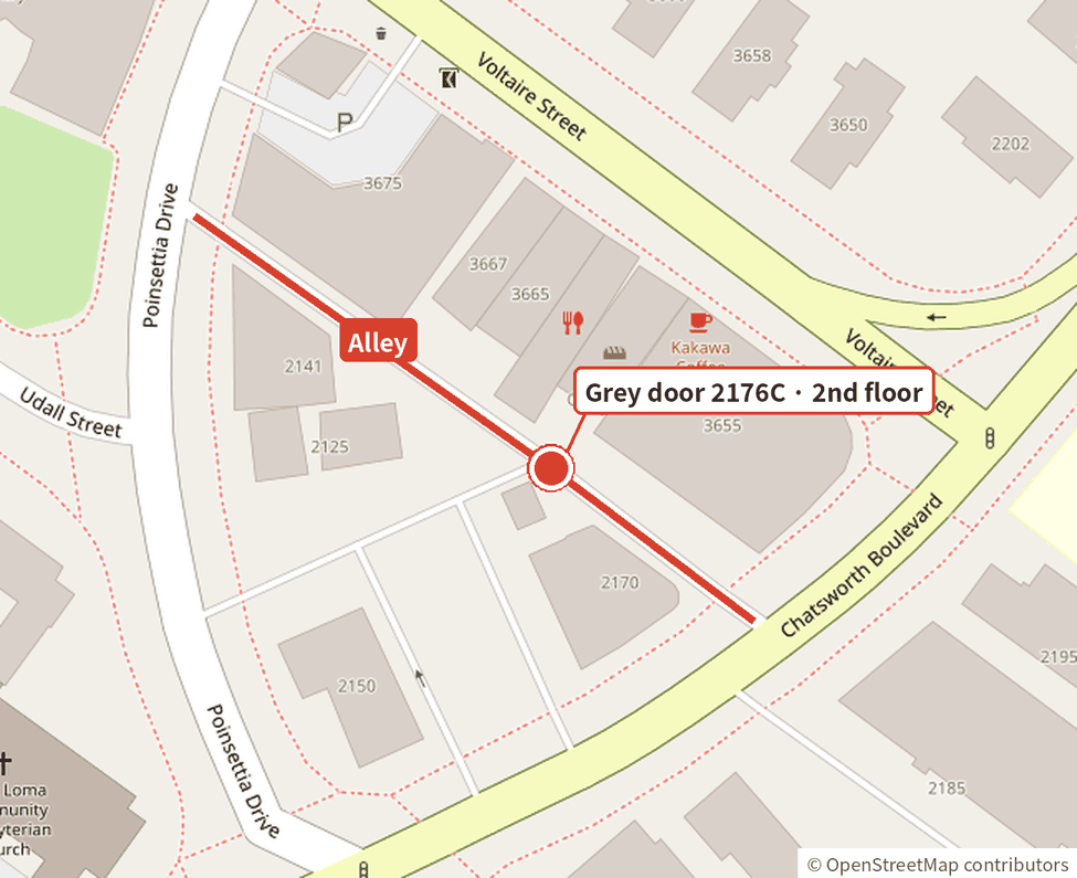 Map of the studio entrance: midway along the alley between Chatsworth Blvd and Poinsettia Dr, behind the Kakawa Coffee building in Point Loma